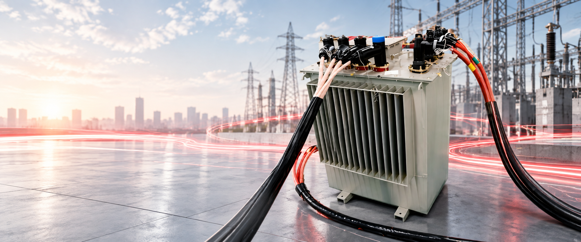 Oil-immersed distribution transformer with copper leads staged before an electrical grid skyline