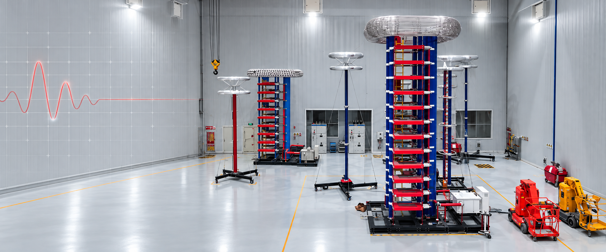 High-voltage impulse test towers inside a testing hall